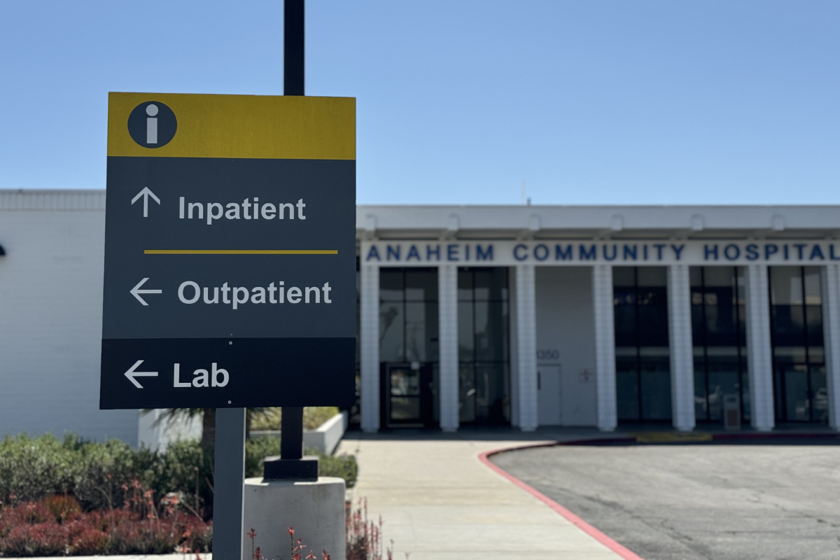 Anaheim Community Hospital campus signage with directions to Inpatient, Outpatient, and Laboratory Services